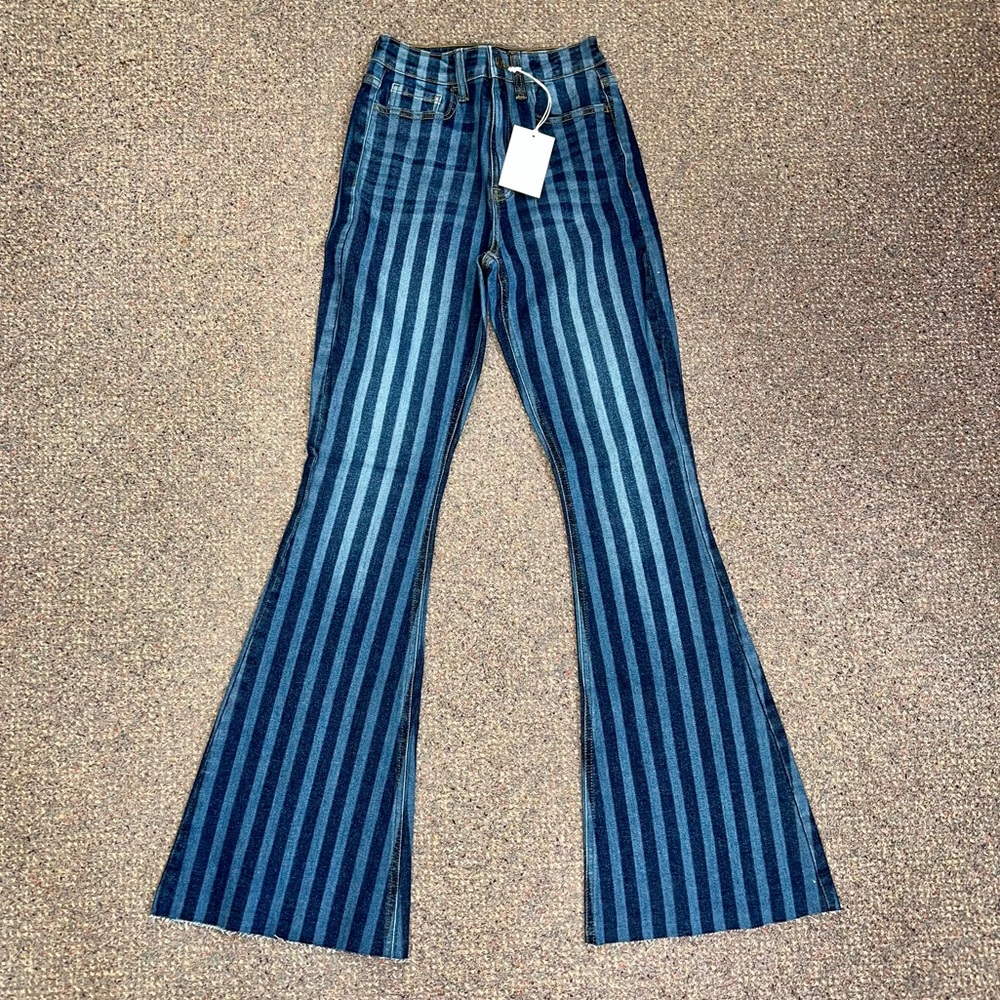 New Stripe Denim Flare Jeans Bell Bottom Raw Edge